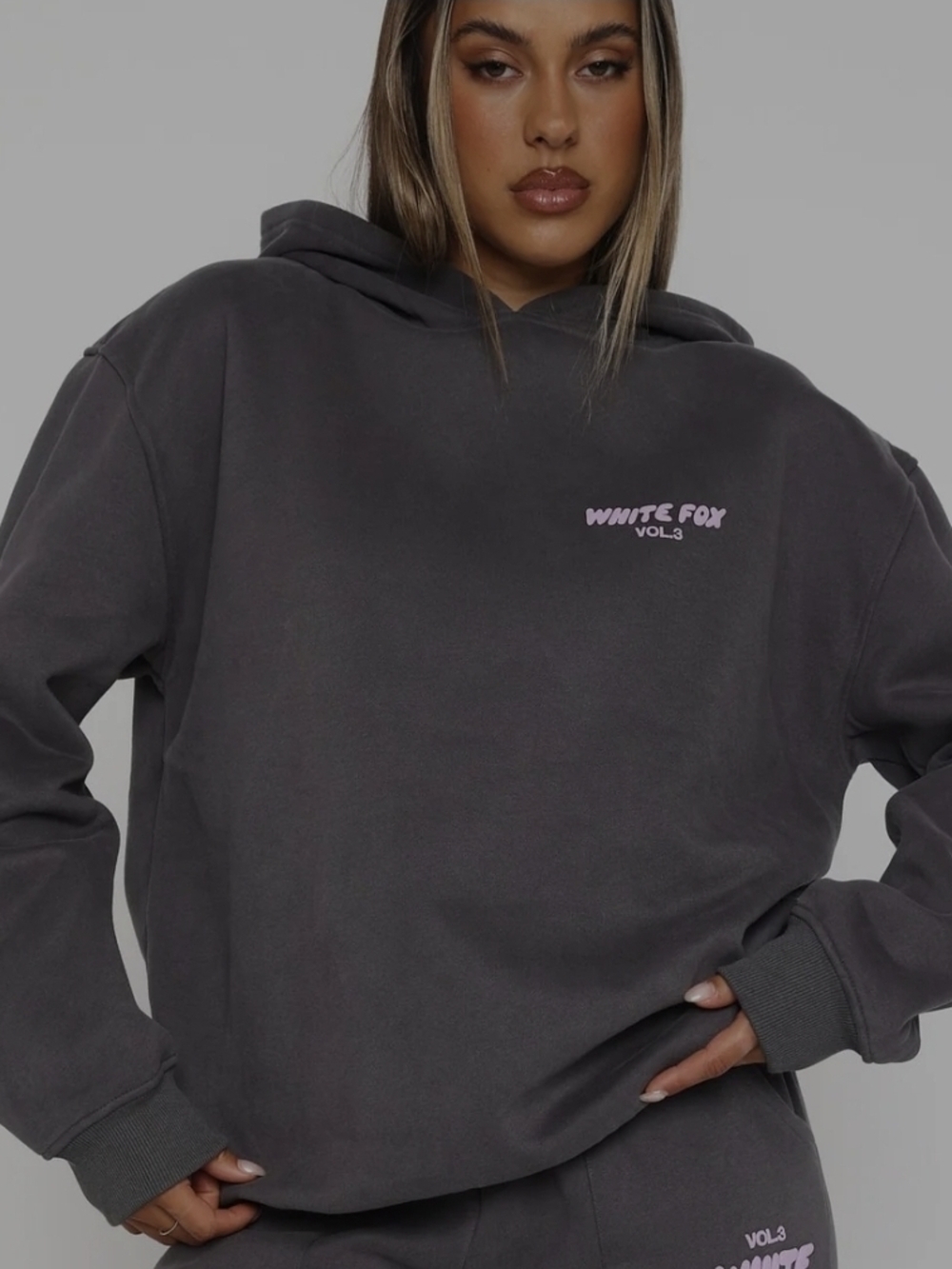 White Fox VOL.3 Grey Hoodie with Pink Logo — Long Sleeve, Fleece-Lined (Women's)
